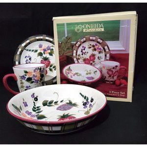 Oneida STRAWBERRY PLAID fruit 3 piece set SALAD PLATE CEREAL BOWL COFFEE MUG CUP